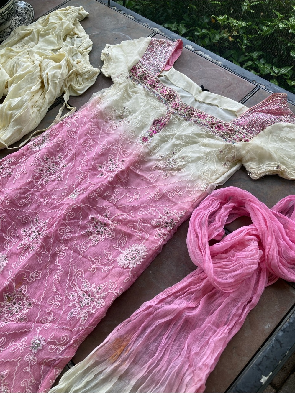 Pink & Cream Embroidered Salwar Kameez Set with Dupatta